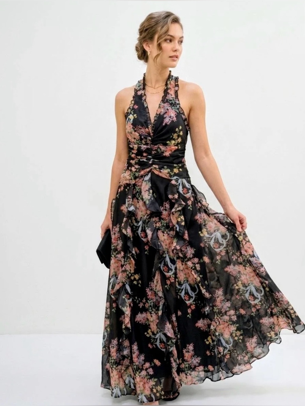Floral Black Halter Maxi Dress - Elegant Evening Gown